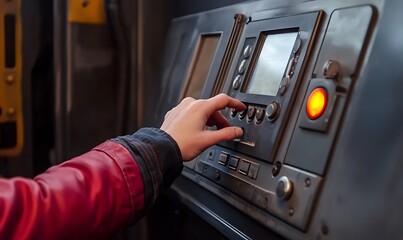Poster - A hand interacts with a control panel inside a vehicle, likely for operation or monitoring.