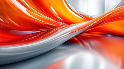 Poster - Flowing red and silver fabric creating an abstract design with vibrant hues in a modern setting