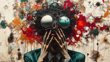 Poster - A man with a messy hair and a black suit is wearing a tie. He is looking down and his hands are covering his face. The image has a dark and moody atmosphere, with the man's expression