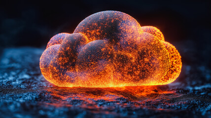 Poster - A glowing cloud of fire sits on a rock. The fire is orange and the cloud is large