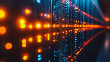 Poster - A computer server with a lot of lights on it. The lights are orange and blue. The server is very large and has many lights on it