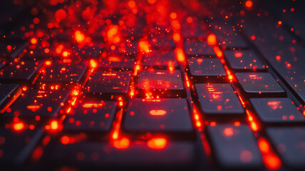 Poster - A close up of a keyboard with red keys. Concept of excitement and energy, as the red keys are lit up and appear to be glowing. Scene is dynamic and engaging