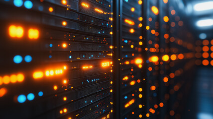 Poster - A computer server room with many orange and blue lights. The lights are on and the room is very bright