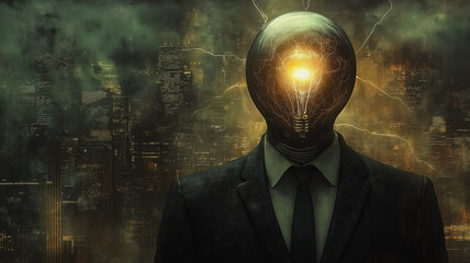 Poster - A man with a bulb for a head stands in front of a cityscape. The image has a futuristic and mysterious vibe, with the man's bulb head and the cityscape in the background