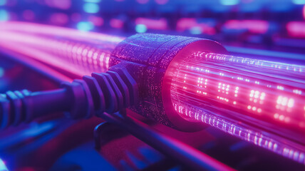 Poster - A wire with a purple and blue glow is shown. The wire is connected to a device and is glowing brightly. Concept of technology and innovation, as well as a futuristic or sci-fi vibe