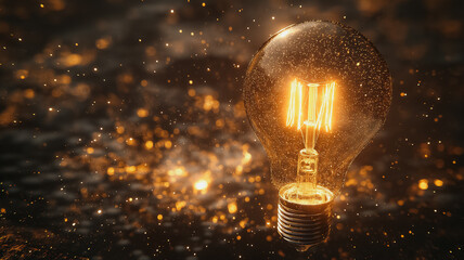 Poster - A light bulb is lit up in a dark room. The light is shining through the bulb, creating a warm and inviting atmosphere