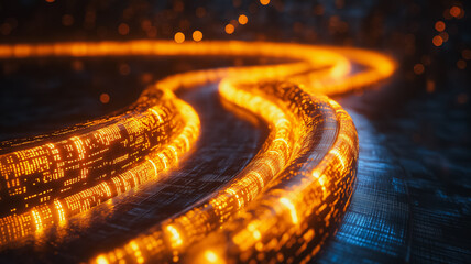 Poster - A long orange cable with a blue background. The cable is lit up and he is a part of a computer network