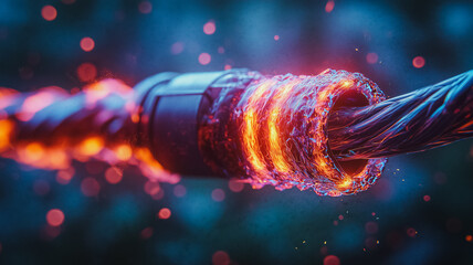Poster - A wire is lit up with fire and is surrounded by a blue background. The wire is twisted and has a lot of sparks coming off of it. The image has a sense of danger and excitement