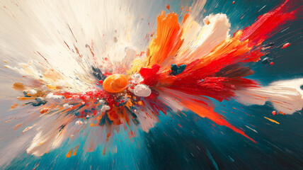 Poster - A painting of a colorful explosion with a blue sky in the background. The painting is full of vibrant colors and has a sense of energy and movement