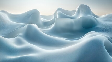 Poster - Serene abstract landscape of undulating blue waves resembling soft fabric under soft morning light