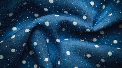 Poster - A blue fabric with white dots on it. The fabric is shiny and has a shiny blue color