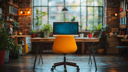 Poster - A yellow chair sits in front of a computer monitor. The room is filled with plants and has a cozy, inviting atmosphere