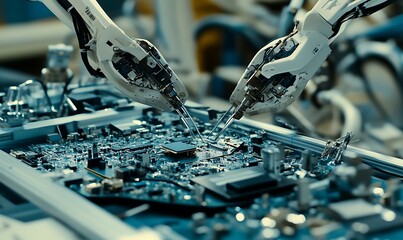 Poster - Robotic arms assembling a circuit board in a high-tech environment.