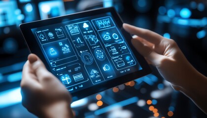 Aufkleber - A person holding a digital tablet with a futuristic home automation system on screen, showing smart energy control and remote home management features