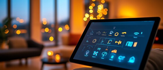 Poster - Closeup of a tablet screen featuring an artificial interface for a home automation system, controlling smart energy devices remotely