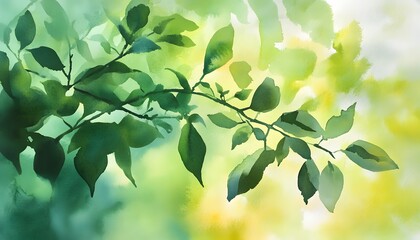 Wall Mural - Watercolor Painting of Green Leaves and Branches Against a Yellow and Green Background