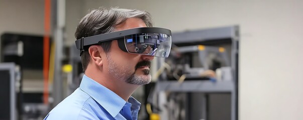 Poster - A man wearing augmented reality glasses in a technology-focused environment.