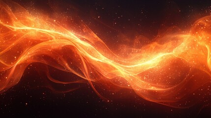 Poster - Vibrant abstract wave of orange and gold flowing through a dark background with twinkling stars and cosmic elements