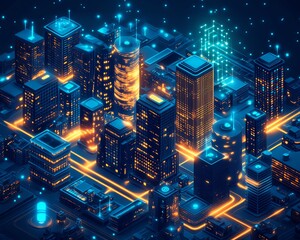 Poster - IoTdriven future city, connected smart devices in homes, offices, and factories, glowing data streams and devices controlling the environment, hightech, innovative networks