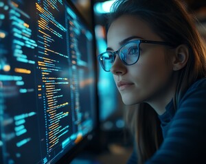 Leinwandbilder - A woman programmer with glasses, engaged in coding and data analytics, interacting with a holographic system displaying computer scripts