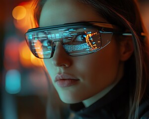 Leinwandbilder - A woman programmer with glasses, engaged in coding and data analytics, interacting with a holographic system displaying computer scripts