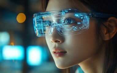 Poster - Female IT professional wearing glasses, interacting with a 3D holographic coding interface, reading computer scripts and programming in a modern workspace