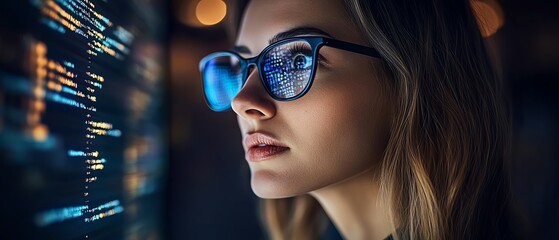 Aufkleber - Female IT worker in a modern workspace, wearing glasses and reading through computer scripts on a holographic coding system for data analysis