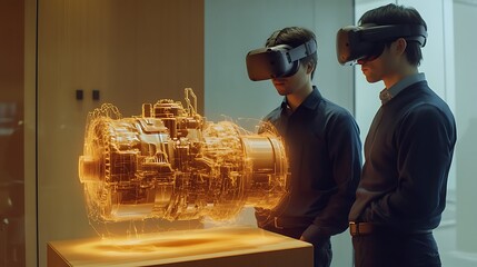 Poster - Two individuals using VR headsets to explore a holographic engine model.