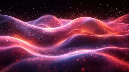 Poster - Colorful abstract wave patterns illuminated by light in a dark space during a digital art exhibition