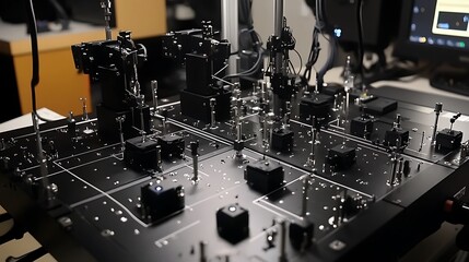 Poster - A complex arrangement of optical components used for scientific experiments.