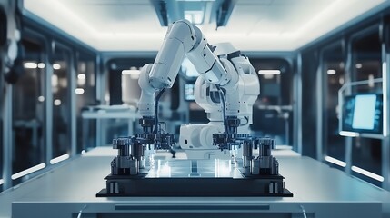 Poster - A robotic arm working on an assembly line in a modern industrial setting.