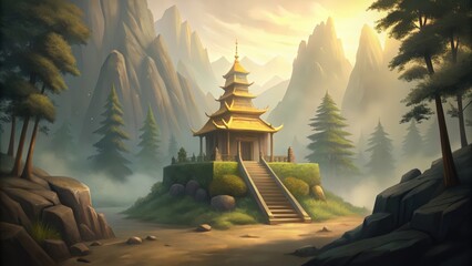 Wall Mural - Golden Pagoda in a Mountainous Forest Landscape