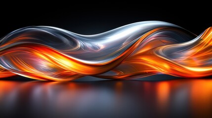 Poster - Abstract waves of orange and silver flow gracefully over a reflective surface in a dark setting, creating a striking visual effect