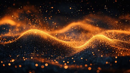 Poster - Glowing golden particles create an abstract landscape of shimmering waves during a nighttime setting
