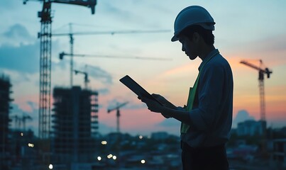 Poster - A construction worker checks data on a device against a sunset backdrop with cranes.