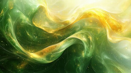 Poster - Abstract swirls of green and gold with shimmering particles create a mesmerizing visual effect in a dreamy atmosphere