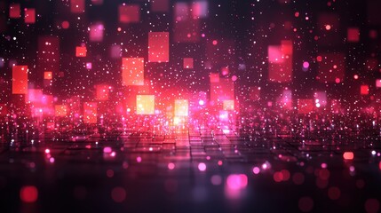Poster - Colorful abstract background with glowing squares and sparkling particles in a digital environment during nighttime