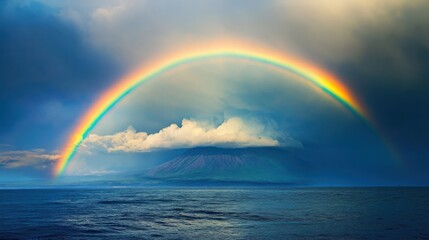Poster - The spectacular view of a rainbow arching over a volcanic island during a tropical storm, with dark clouds and rain creating a dramatic backdrop, Island scene