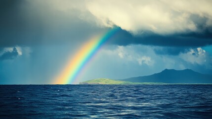 Poster - The spectacular view of a rainbow arching over a volcanic island during a tropical storm, with dark clouds and rain creating a dramatic backdrop, Island scene
