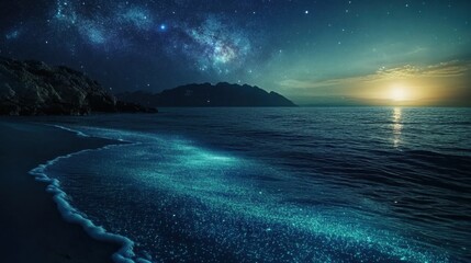 Poster - The surreal beauty of a bioluminescent bay glowing under a starry sky, Coastal scene, Surreal style