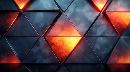 Poster - abstract triangular pattern with glowing red and orange highlights on a dark metallic surface showca