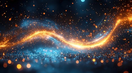 Poster - a mesmerizing swirl of golden and blue particles dances across a dark background, creating a captiva