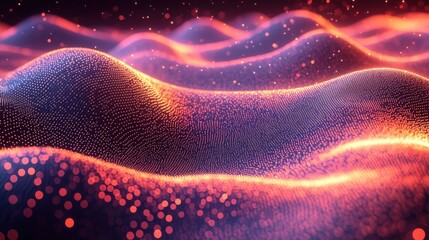 Poster - Abstract digital waves with glowing particles creating a mesmerizing landscape in vibrant hues of purple and orange