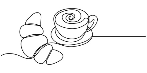 breakfast with croissant and coffee drawn in one line style, One continuous line drawing croissant with coffee mug. Breakfast in simple linear style. Pastry Croissant. Vector illustration isolated.