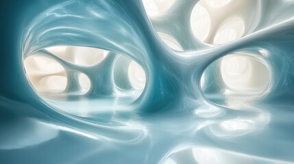 Aufkleber - Fluid blue shapes create an immersive environment in an abstract interior space with soft lighting and organic forms