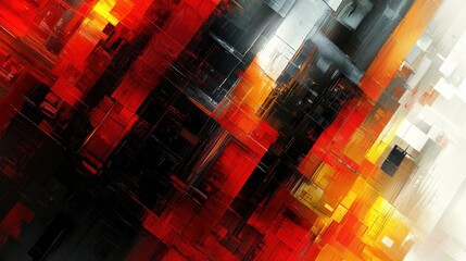 Poster - abstract digital artwork featuring vibrant red, orange, and yellow blocks against a dark background,