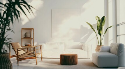 Aufkleber - A bright and minimalist living room design featuring a white canvas backdrop, Strategically placed minimal furniture, Minimalist boho style