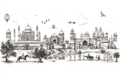 Hand-drawn sketch of historical Indian palace complex with people and birds