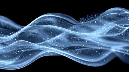 Poster - Soft blue waves flowing gracefully against a dark background with sparkling particles reflecting light in a mesmerizing pattern