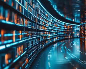 Poster - A library of the future with flowing digital data streams, highlighting the role of cloud storage in digital transformation and the future of information access